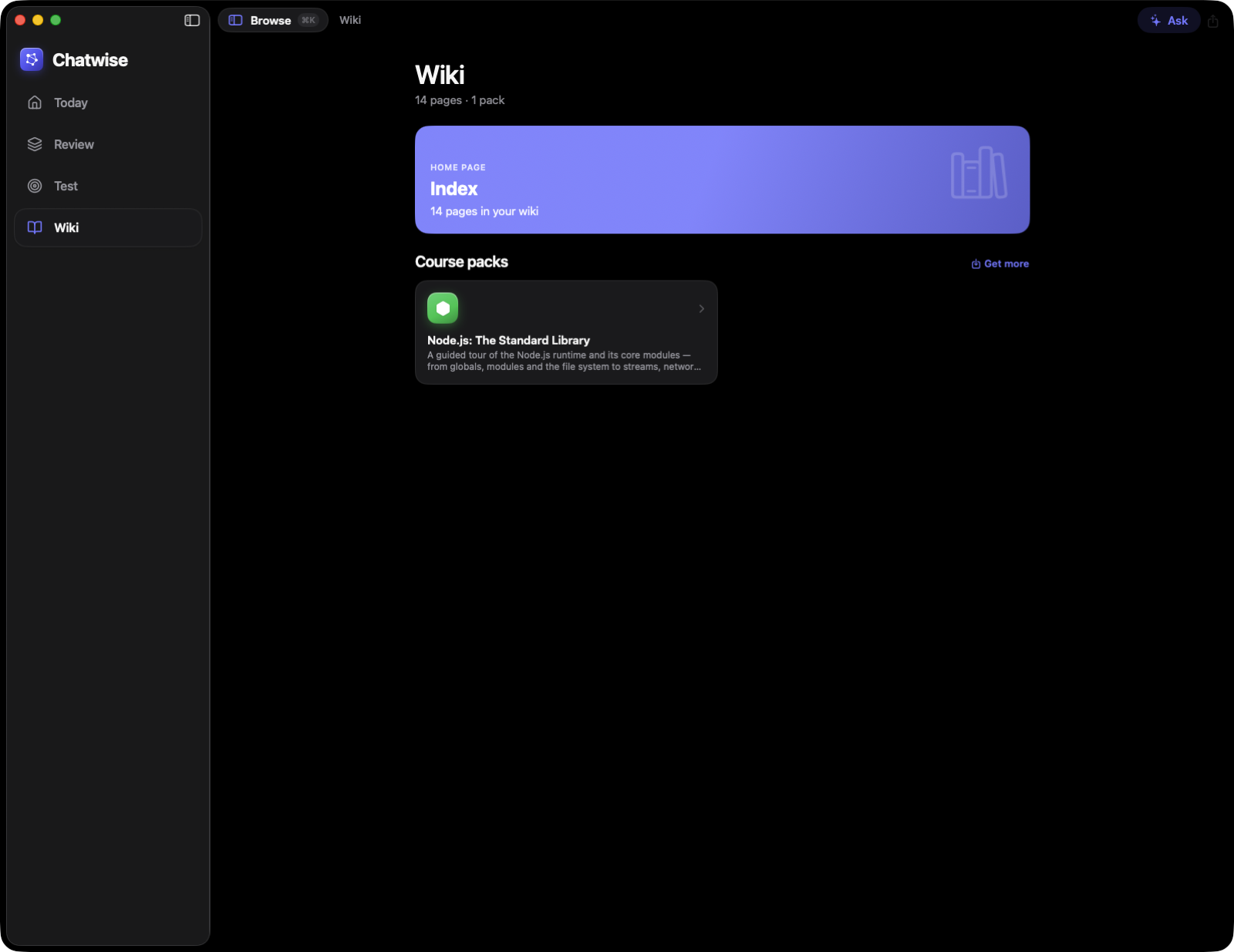 The Wiki surface in Chatwise, with courses and knowledge pages